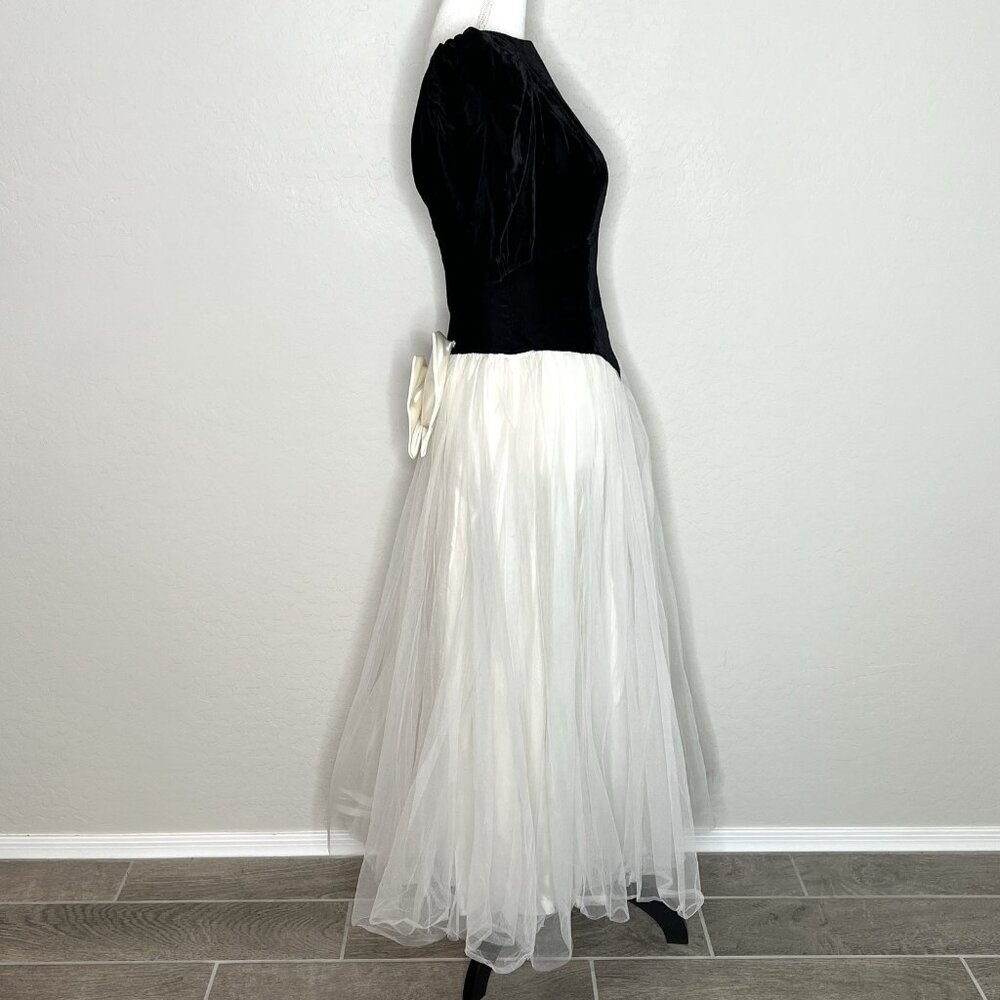 Vintage 1980s Black Velvet Tulle Retro Party Dress Small Puff Sleeve Bow Prom - Picture 2 of 11